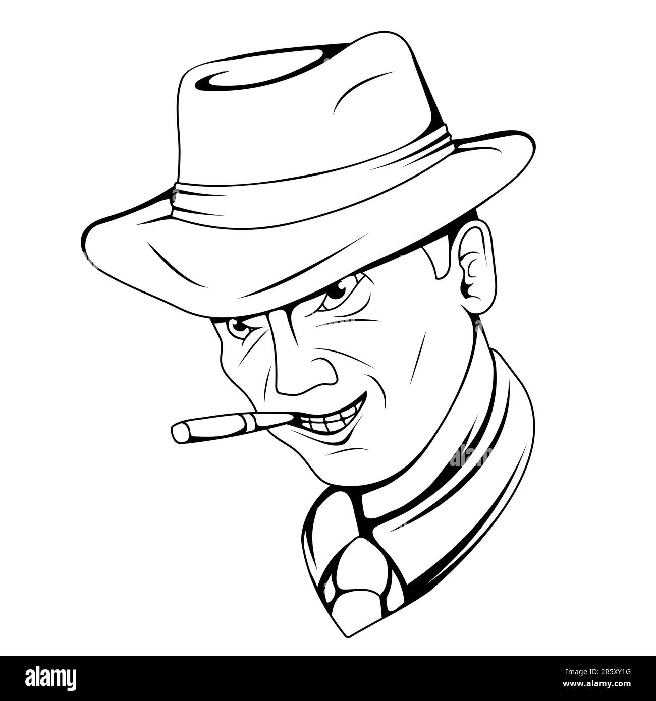 Gangster. Vector illustration of a sketch man with hat and cigar chicago gangster mafia. Brutal malware Stock Vector