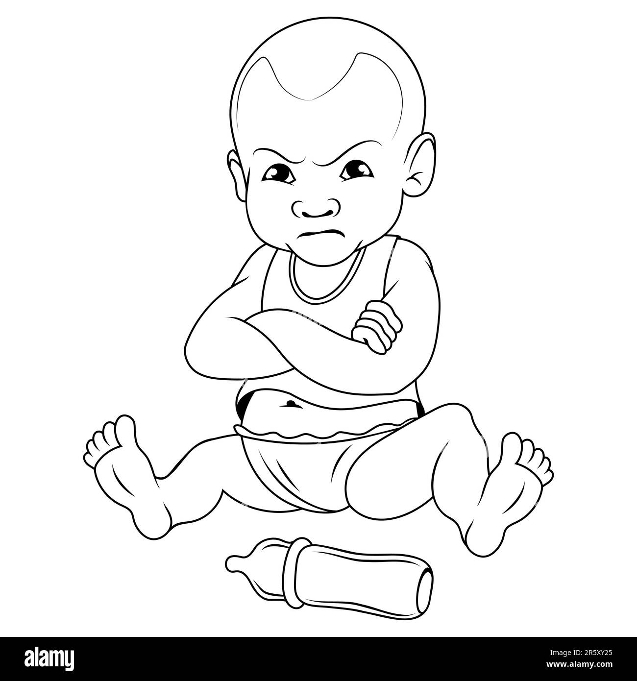 Sad baby. Vector illustration of a sketch cute little baby boy show sad expression. Baby emotions. Eyes with tears, mouth opened. Stock Vector