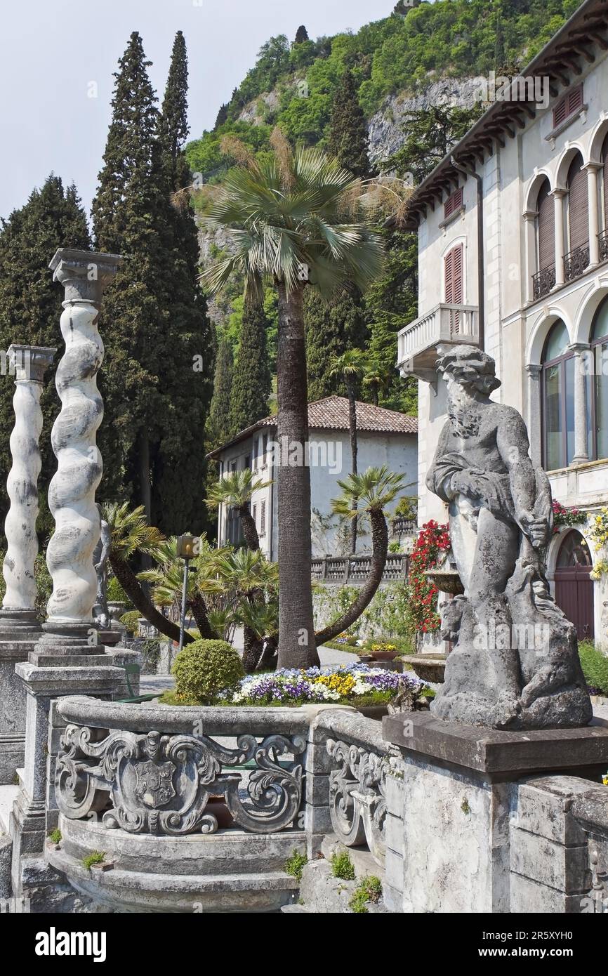 Statue and columns, botanical garden, Villa Monastero, Varenna, on Lake ...