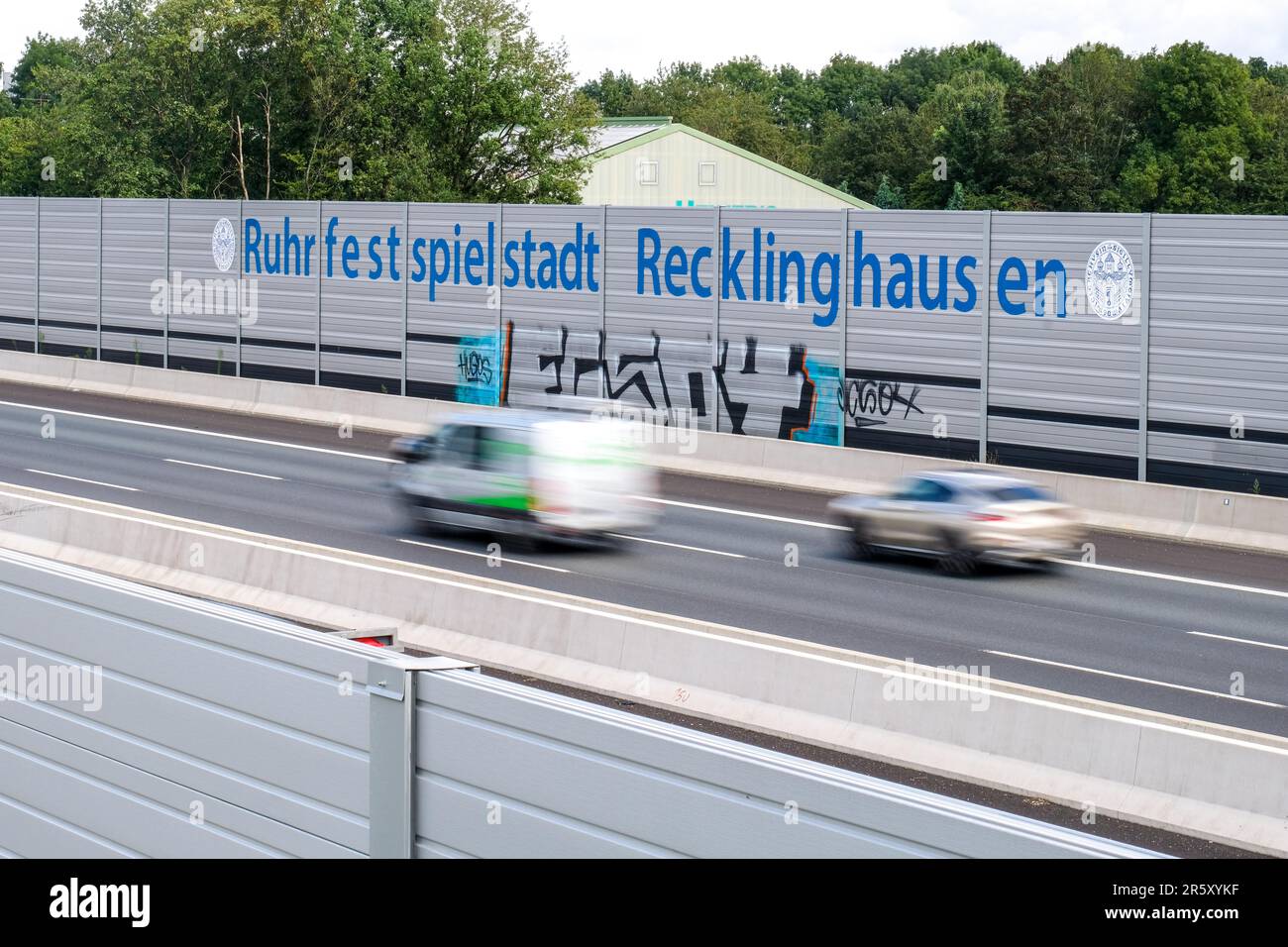 Motorway A43 Recklinghausen, Ruhrfestspielstadt is written in blue letters on the noise barriers, North Rhine-Westphalia, Germany Stock Photo