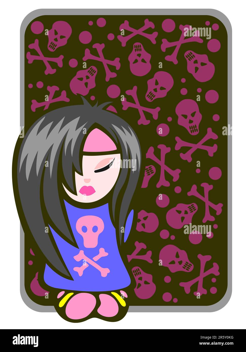 Cartoon emo girl on a skulls and bones background. Stock Vector