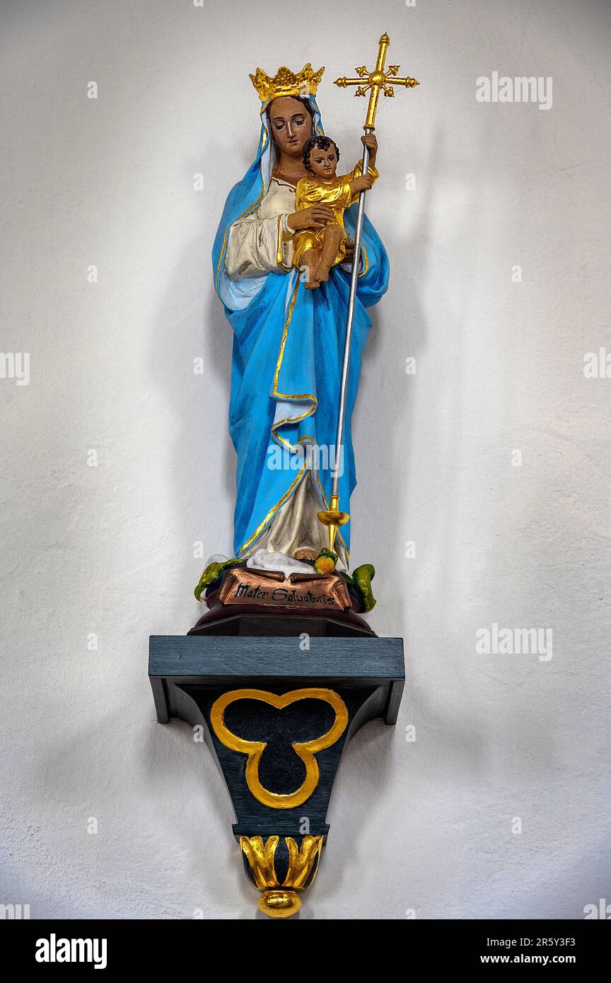 Figure of the Virgin Mary with Crown and Child Jesus, St. Michael, one of the oldest churches in the Allgaeu, listed as a historical monument Stock Photo