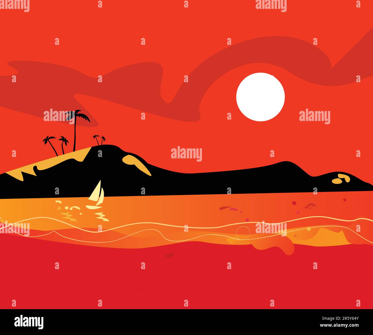 Vector Illustration of sunset on tropical island beach Stock Vector