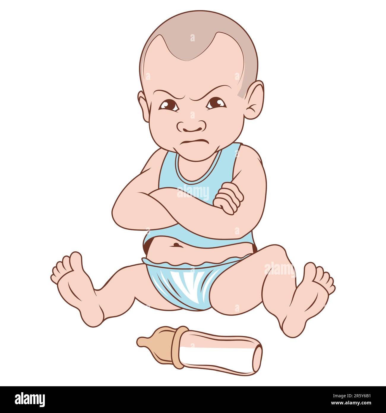 Sad baby. Vector illustration of a cute little baby boy show sad expression. Baby emotions. Eyes with tears, mouth opened. Stock Vector