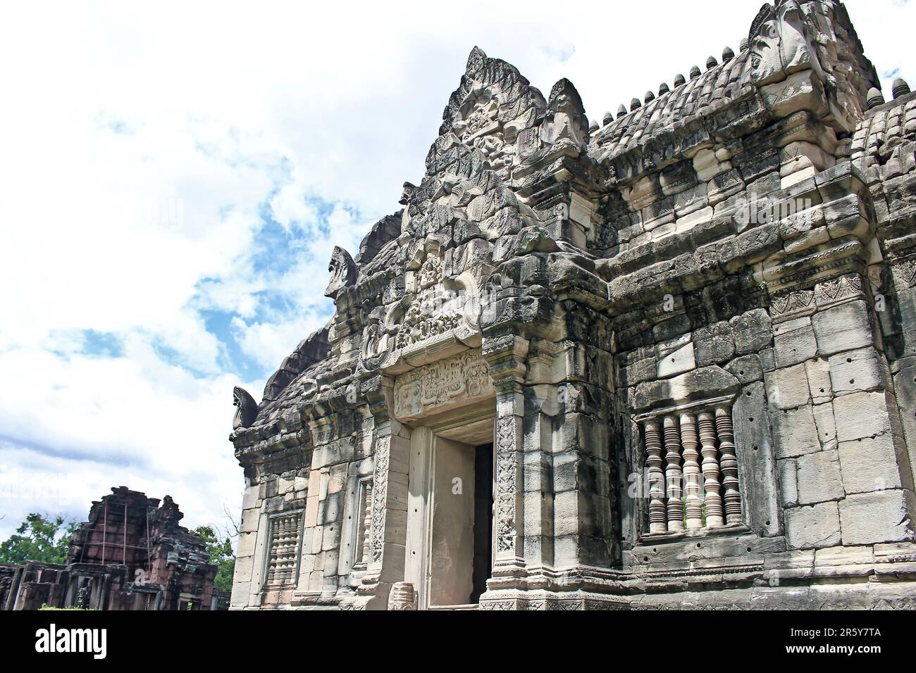 Monumental shot from 2nd Phi Mai Historical Park visit of ancient stone Khmer temple detail Stock Photo