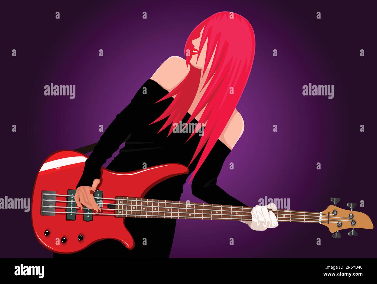 Vector illustration of smiling rock girl with red bass guitar Stock