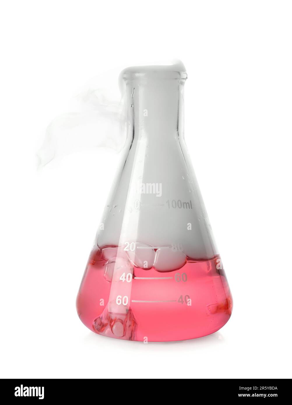 Laboratory flask with colorful liquid and steam isolated on white ...
