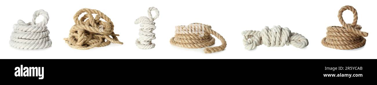 Set with bundles of different ropes on white background Stock Photo - Alamy
