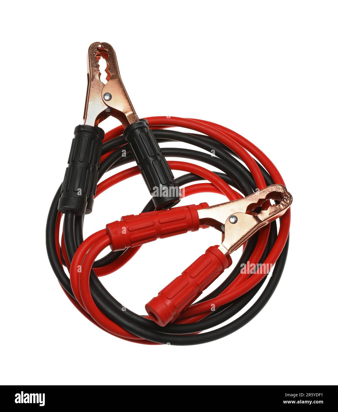 Battery jumper cables isolated on white, above view. Car safety Stock