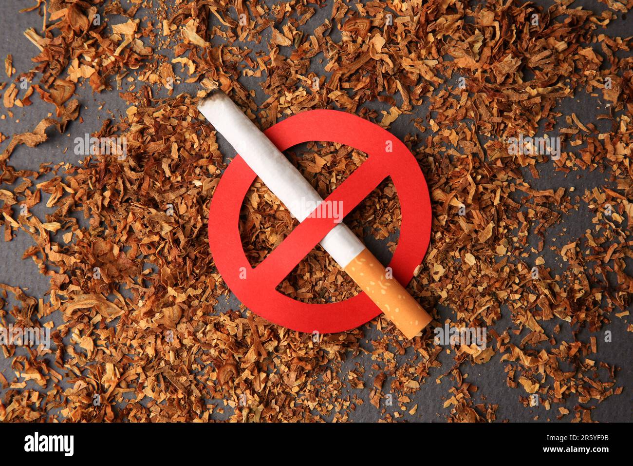 Quitting smoking concept. Cigarette with prohibition sign and dry tobacco  on dark grey background, flat lay Stock Photo