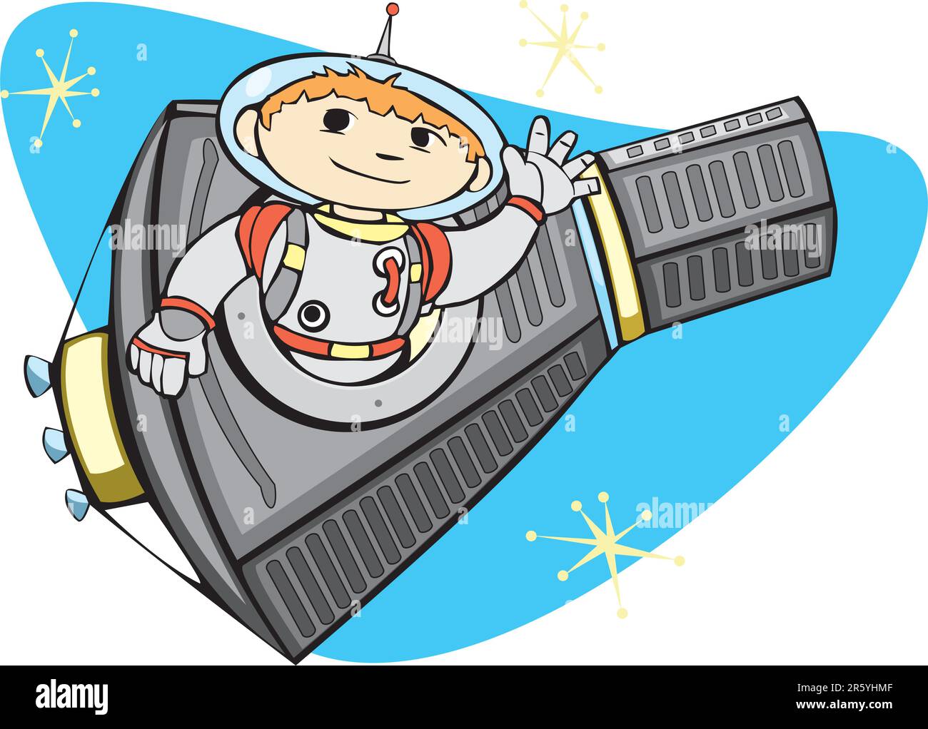 Retro Mercury Space Capsule with a boy in a spacesuit. Stock Vector