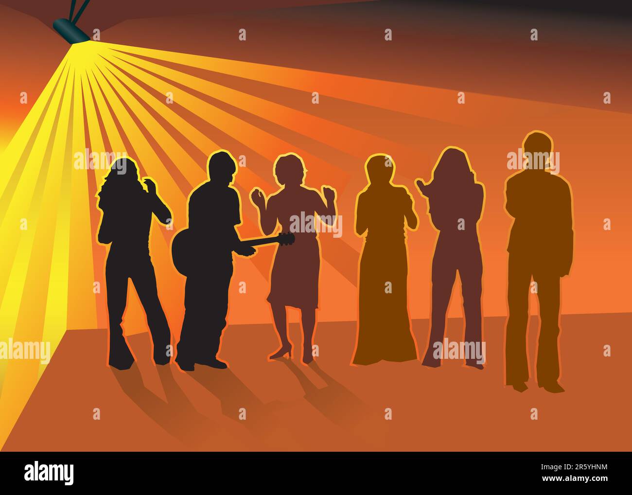 Silhouettes of Musician with guitar and his friends dancing in