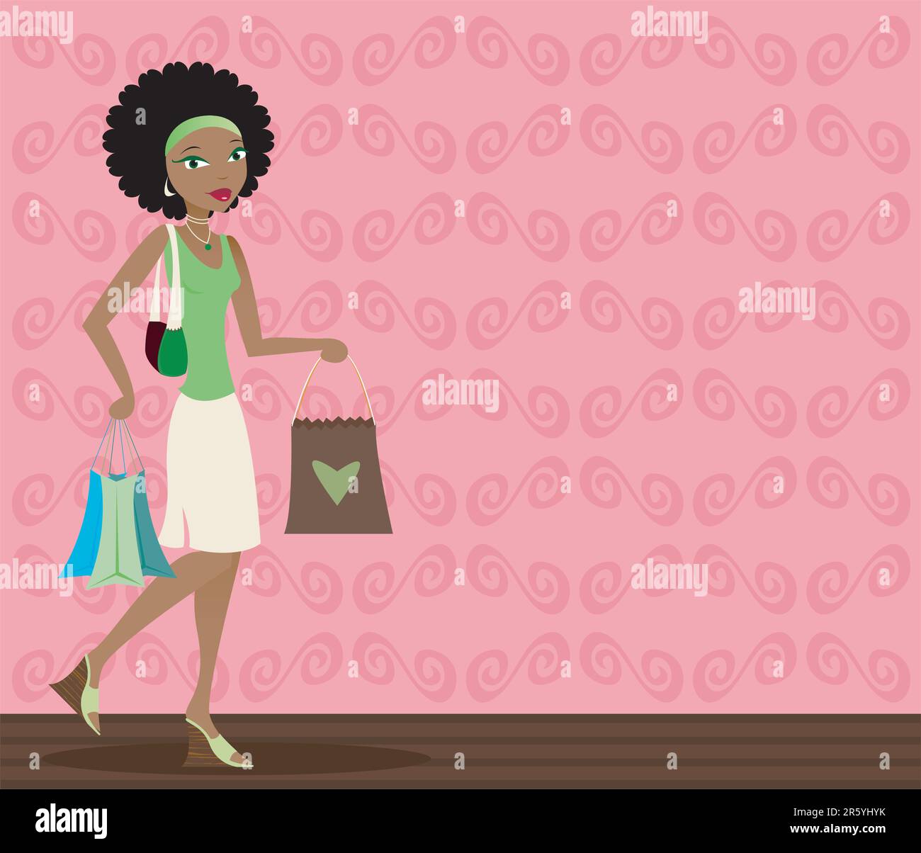 Stylish african-american woman with shopping bags in hand Stock Vector