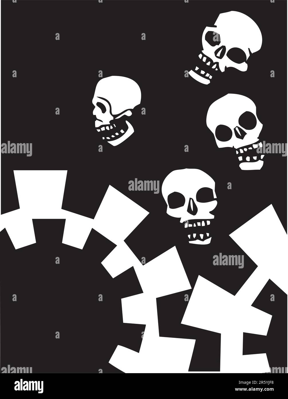 Four skulls that are falling into mechanical gears. Stock Vector