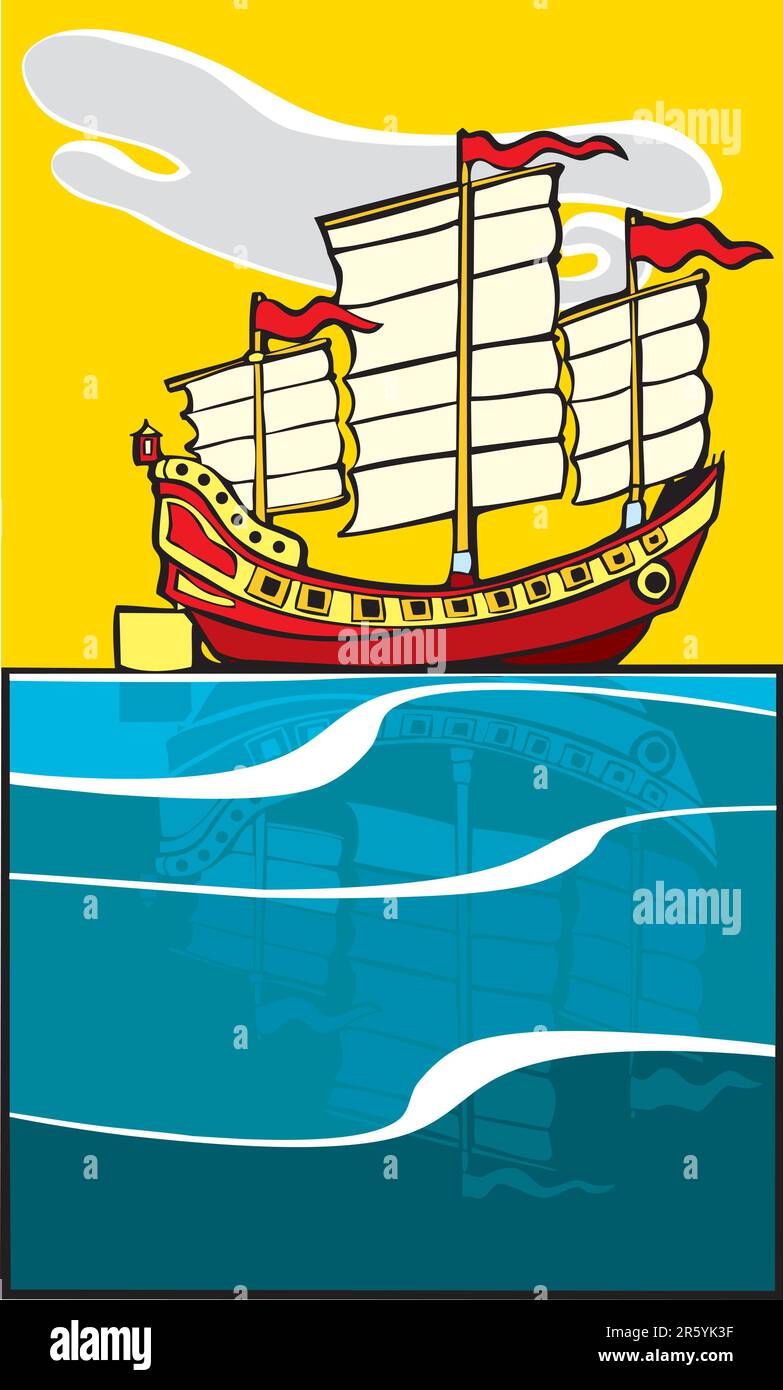 Chinese Junk on ocean with reflection on the water. Stock Vector