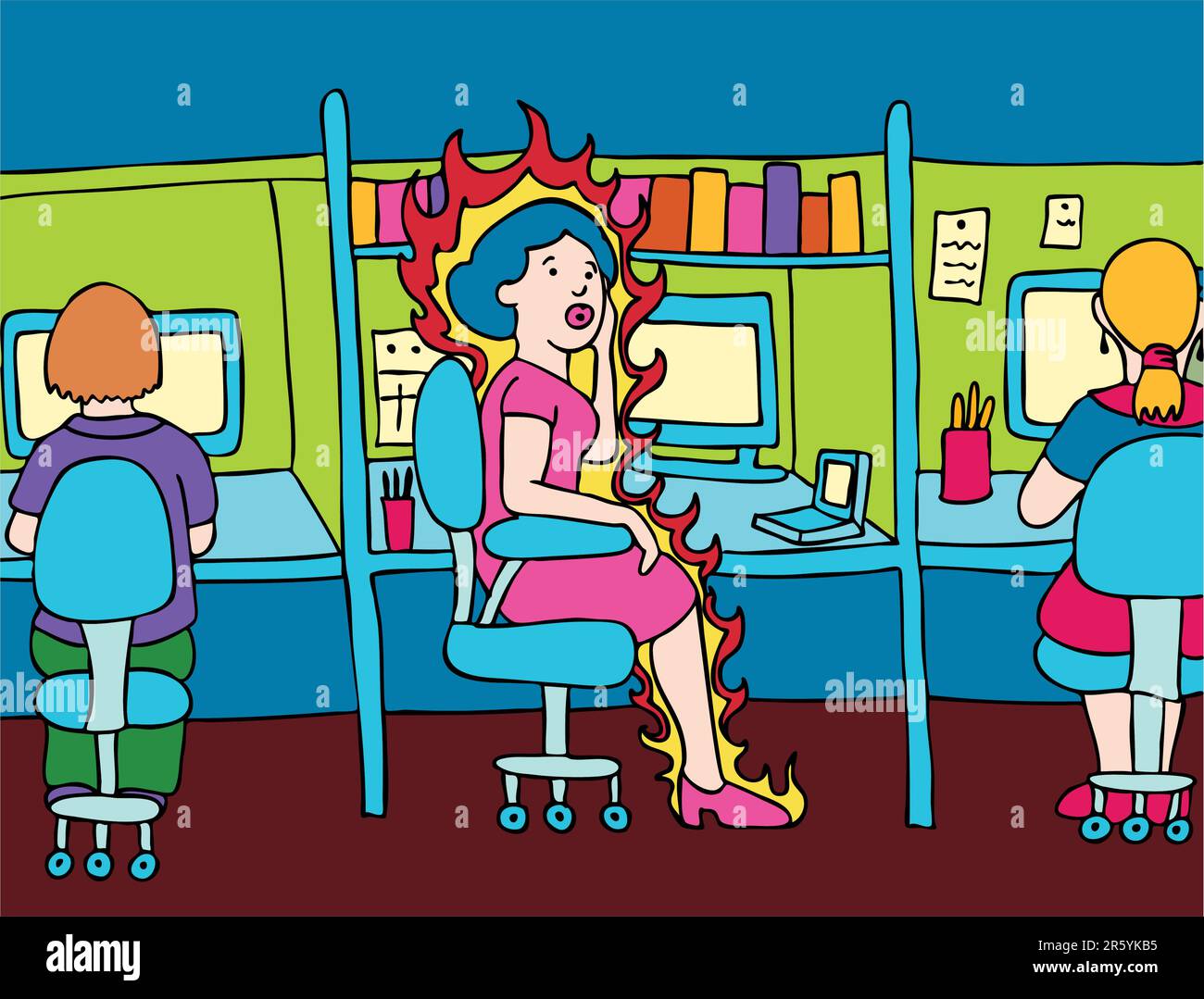 Menopausal woman experiences a hot flash while at work. Stock Vector