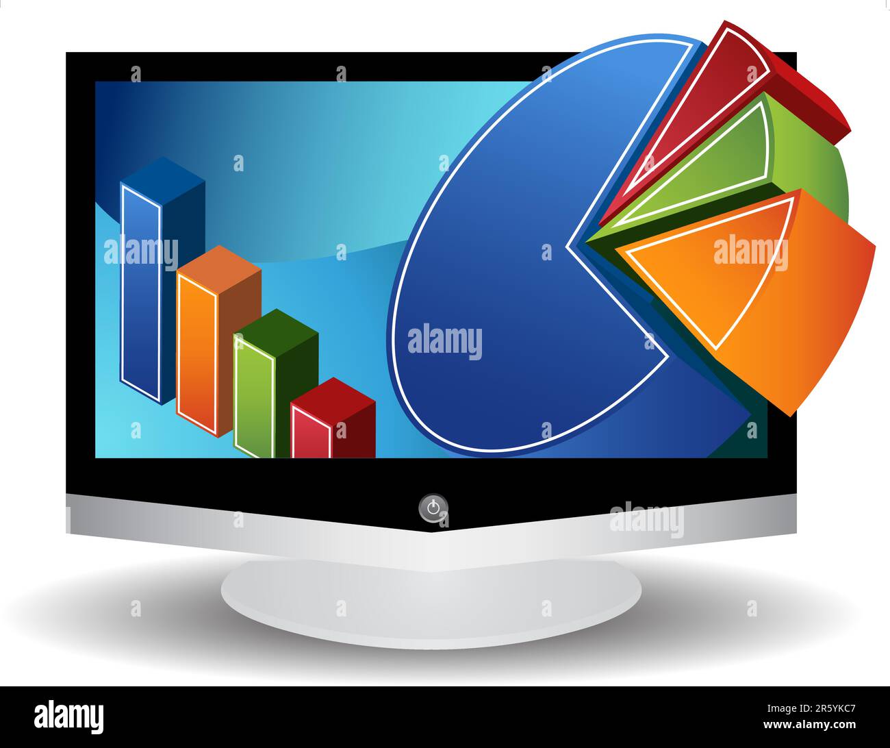 3D business charts coming out of a flat screen television. Stock Vector