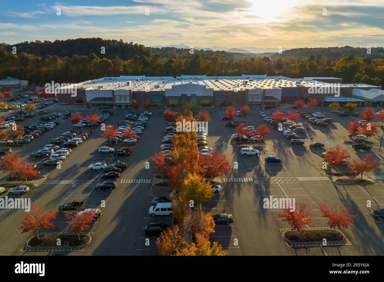 Top view of many cars parked on a parking lot in front of a strip mall