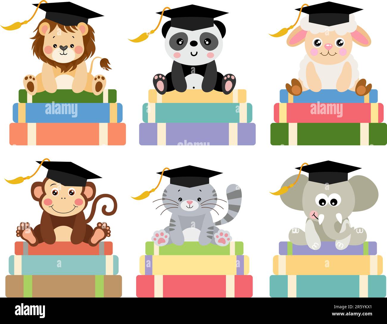 Set of animals with graduation cap sitting on top of books Stock Photo