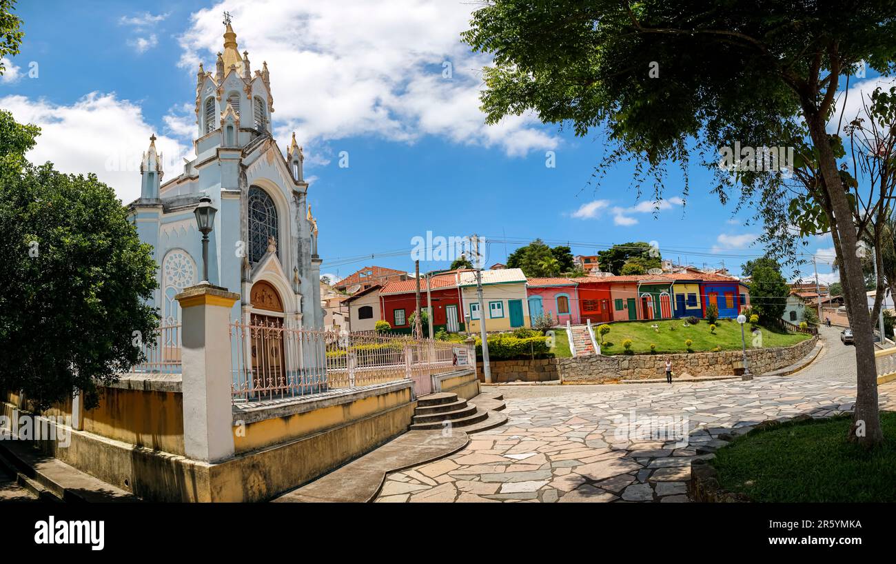 Pretty church and colorful buildings on a sunny day in historical town São Luíz do Paraitinga, Brazil Stock Photo