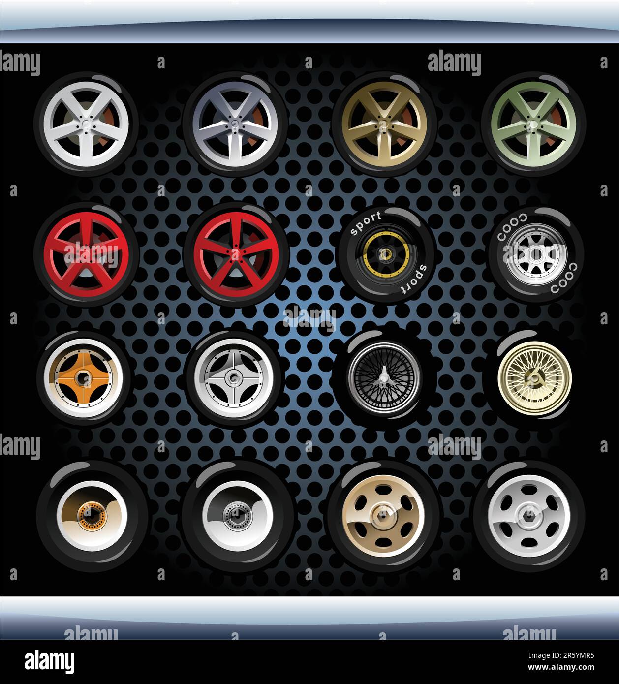 Various tyres and wheels. Simple gradients only - no gradient mesh. Stock Vector