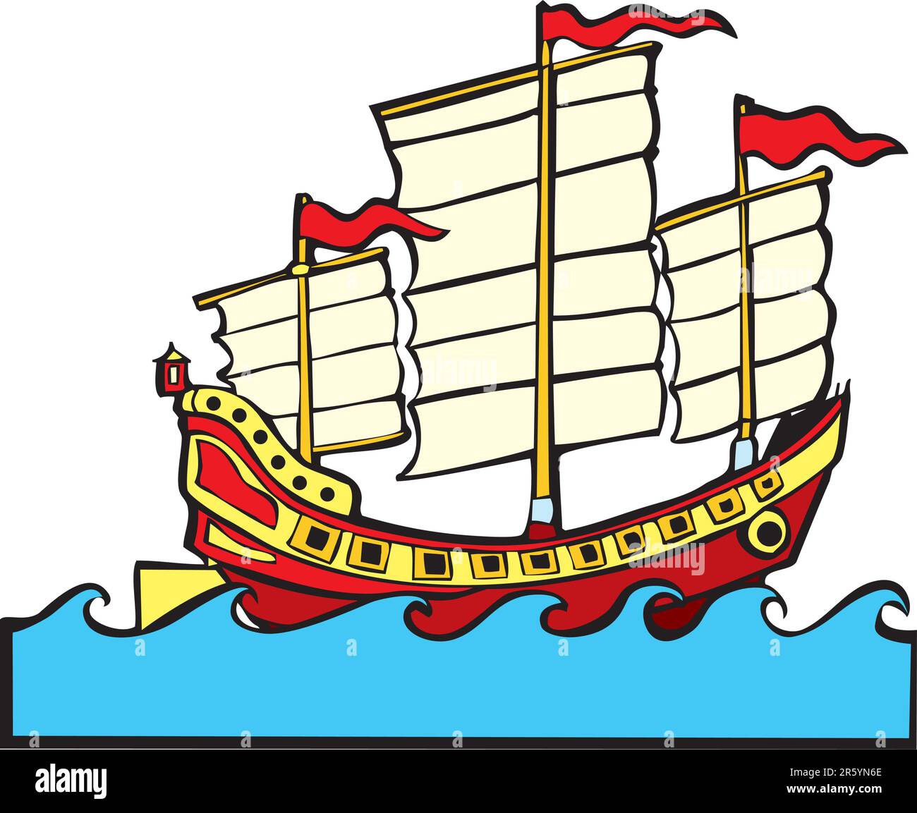 Red and yellow Chinese Junk at sea with small waves. Stock Vector