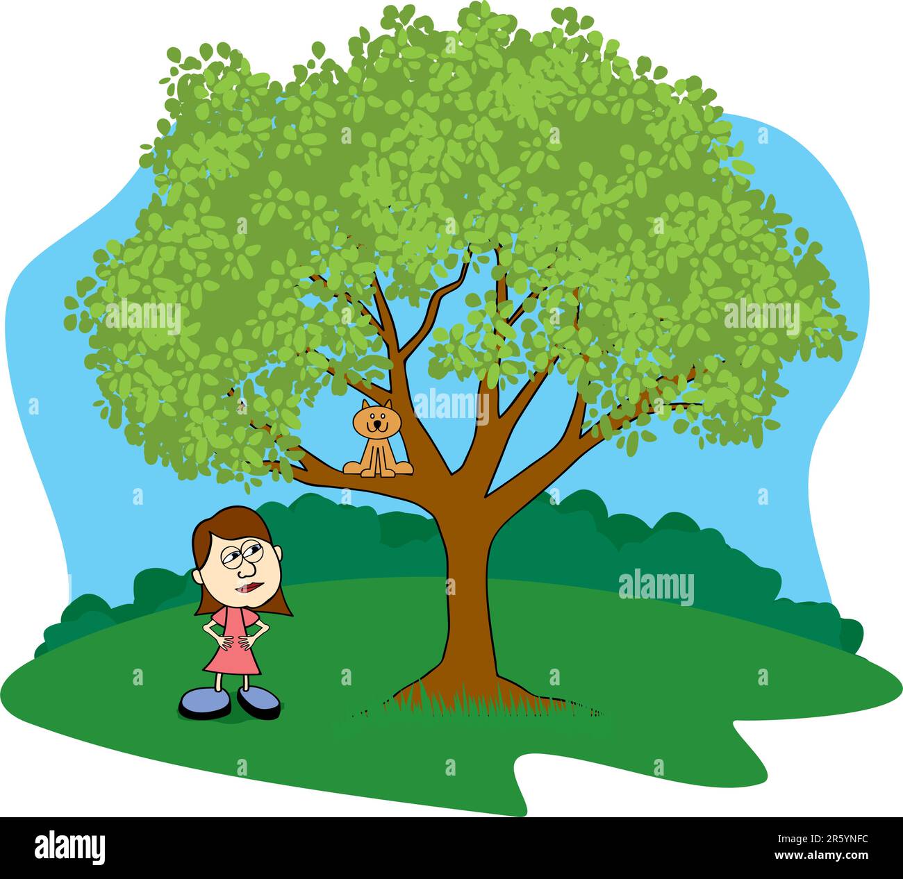 Illustration of a girl glaring at her cat stuck in a tree Stock Vector