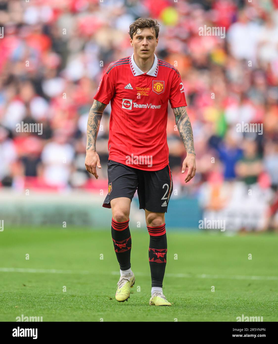 03 Jun 2023 - Manchester City v Manchester United - Emirates FA Cup Final - Wembley Stadium  Manchester United's Victor Lindelof during the 2023 FA Cup Final. Picture : Mark Pain / Alamy Live News Stock Photo