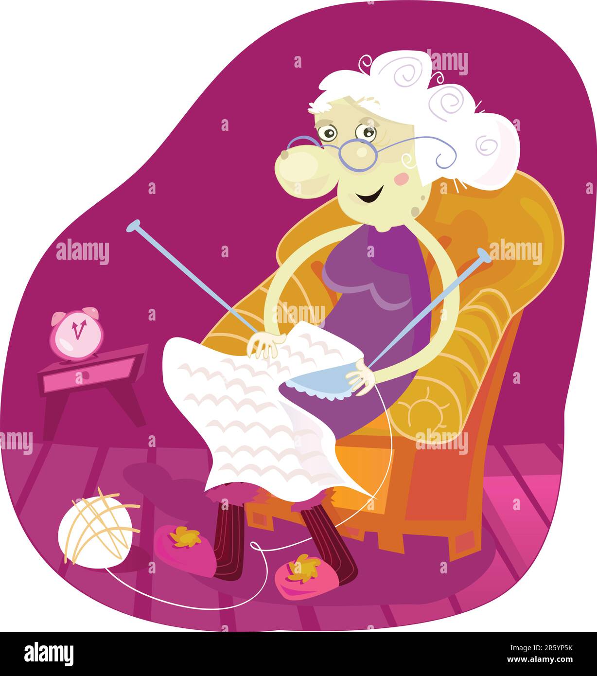 Gradmother sitting in armchair and knitting. Vector Illustration Stock ...