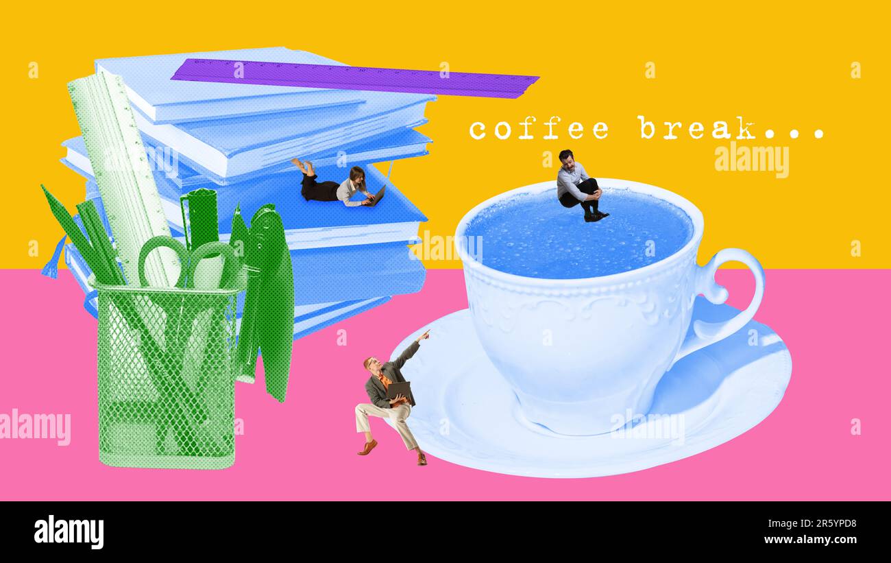 Coffee break. Employees, office workers jumping into coffee cup