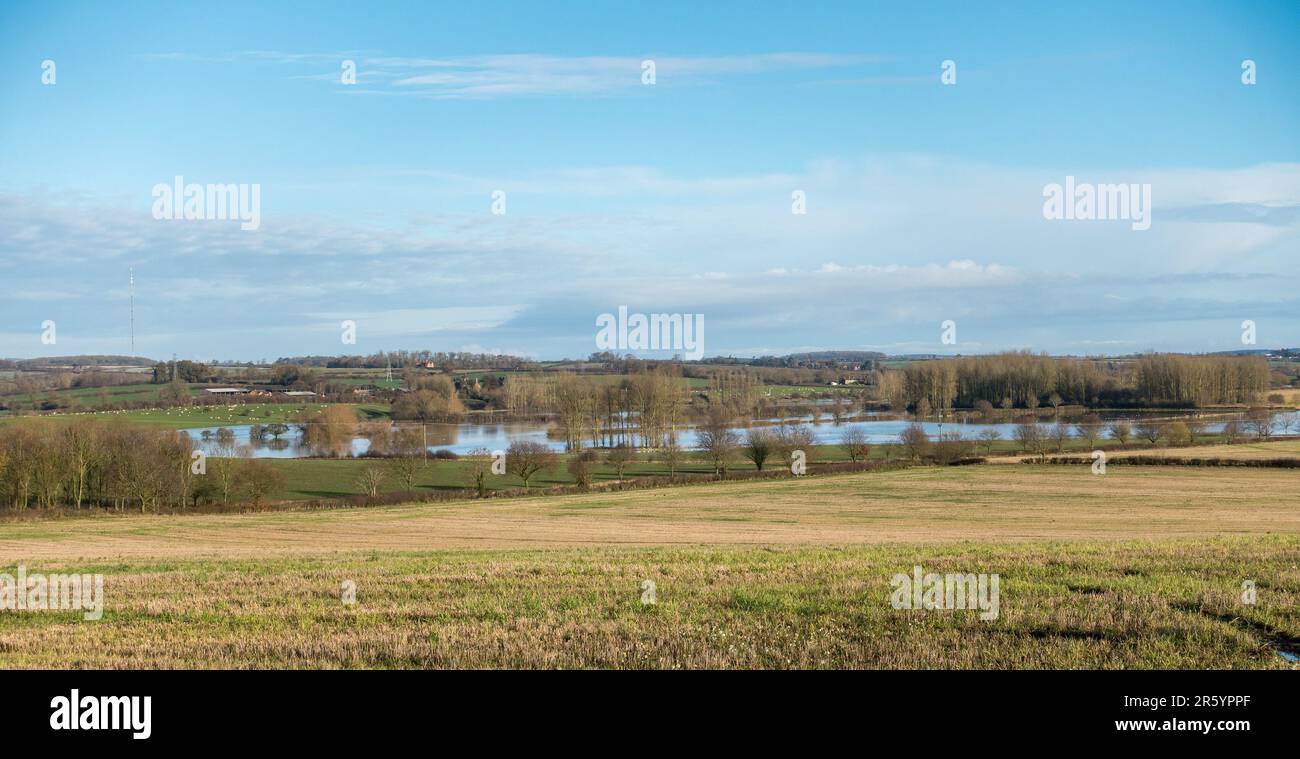 Flood defences / protection for Melton Mowbray allow flooding of local farm fields when Brentingby dam sluice is closed, Leicestershire, England, UK Stock Photo
