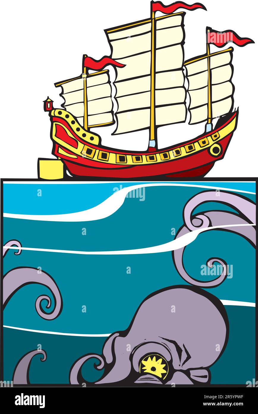 Chinese Junk on the surface and Octopus below. Stock Vector
