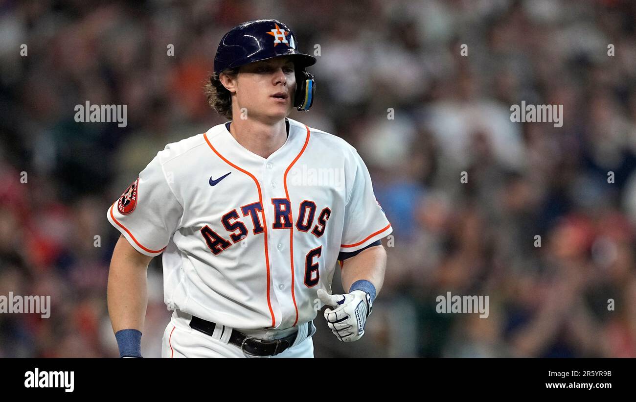 Houston Astros' Jake Meyers runs up the first base line against the Los  Angeles Angels during the fifth inning of a baseball game Saturday, June 3,  2023, in Houston. (AP Photo/David J.