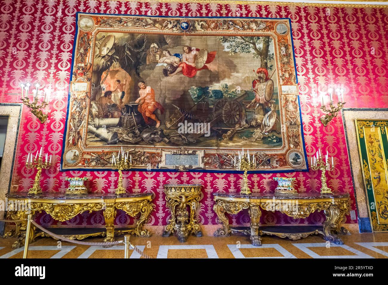 Neo-Baroque style furniture and tapestry from the Manifacture Royale des Gobelins (2nd half of the 19th century during the Savoy period)  in the first Antechamber (diplomatic Salon) in the Royal Palace of Naples that In 1734 became the royal residence of the Bourbons - Naples, Italy Stock Photo