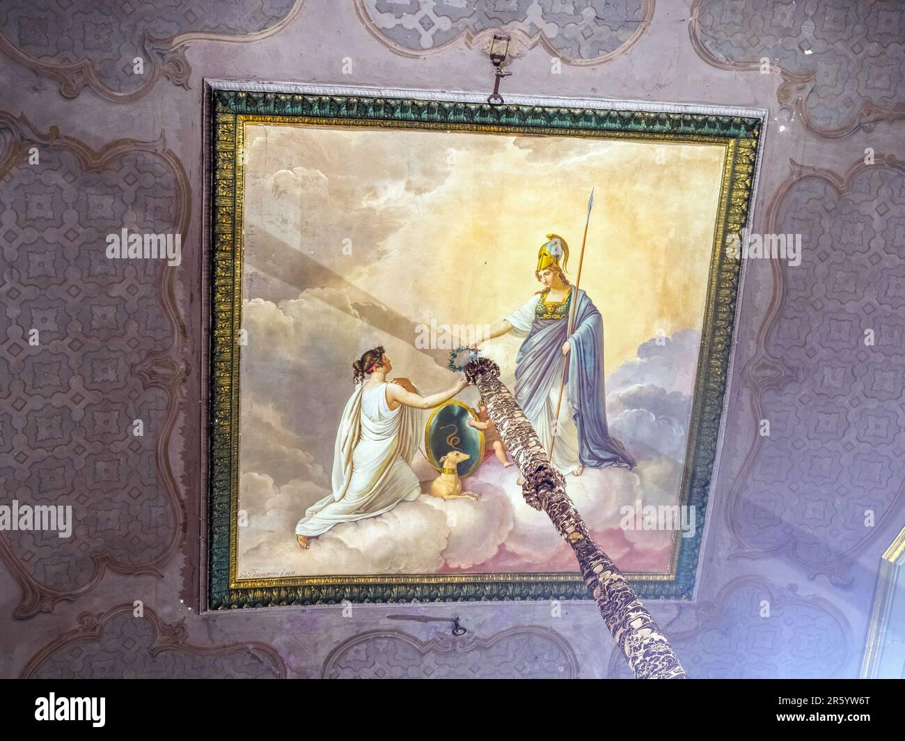 Painted ceiling depicting an allegory featuring Pallas Crowning Loyalty by Giuseppe Cammarano (Sciacca 1766 - Naples 1850)  in the third Antechamber of the Royal Palace of Naples that In 1734 became the royal residence of the Bourbons - Naples, Italy Stock Photo