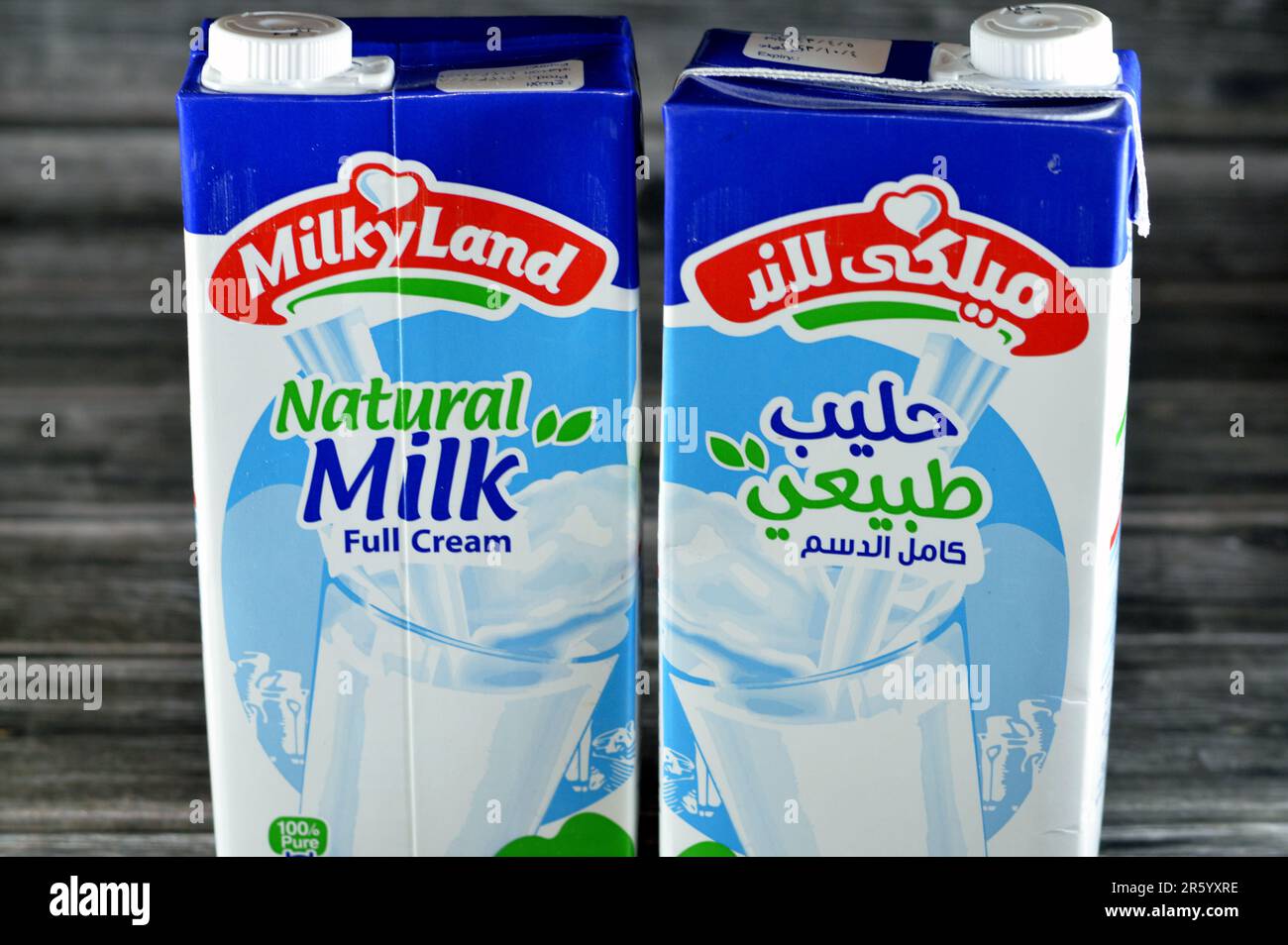 Cairo, Egypt, May 30 2023 MilkyLand full cream fresh cow's milk carton