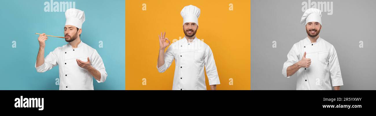 Chef in uniform on different color backgrounds, collage design Stock ...