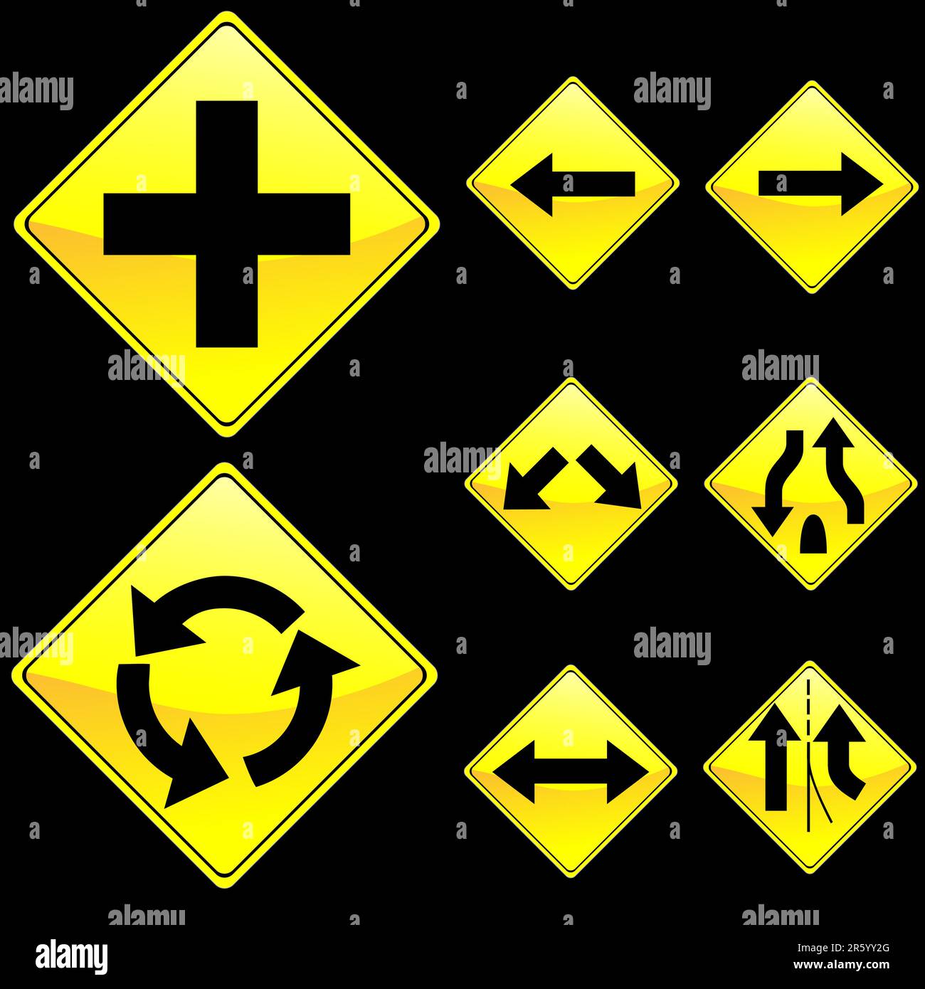 Vector Illustration of Eight Diamond Shape Yellow Road Signs Set 2 Stock Vector