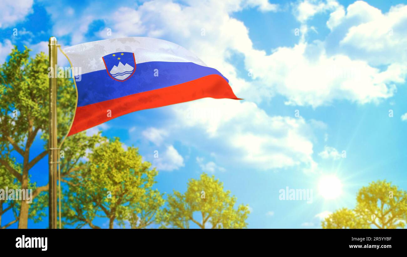 flag of Slovenia at sunny day, holiday symbol - nature 3D illustration Stock Photo
