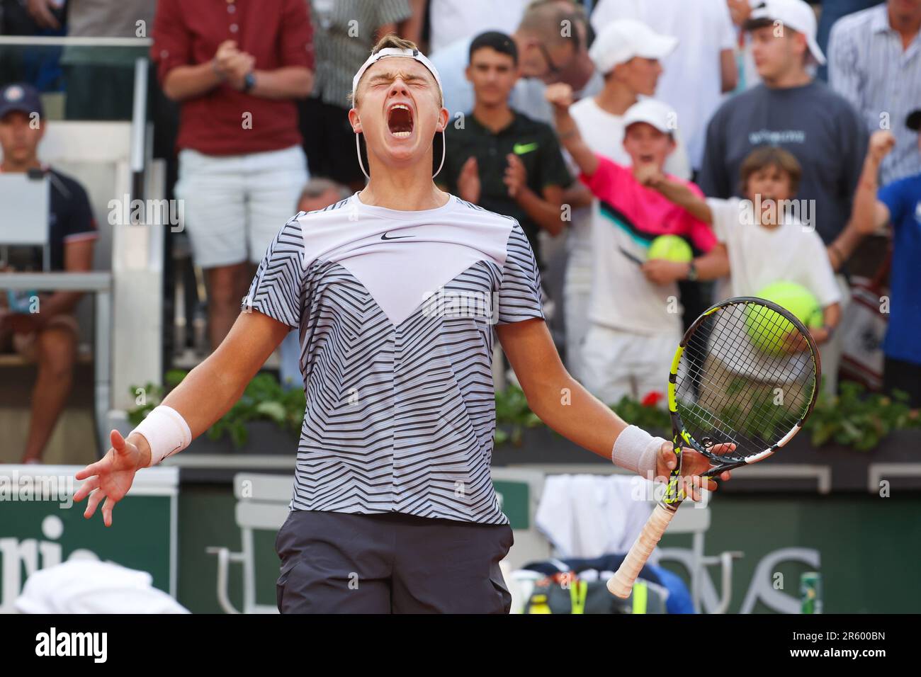 Holger Rune of Denmark celebrates his victory against Francisco Cerundolo  of Argentina during the French Open 2023, Roland-Garros 2023, Grand Slam  tennis tournament, on June 7, 2023 at Stade Roland-Garros in Paris,
