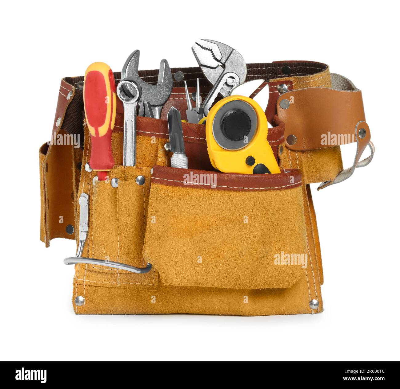 Belt with different tools isolated on white Stock Photo