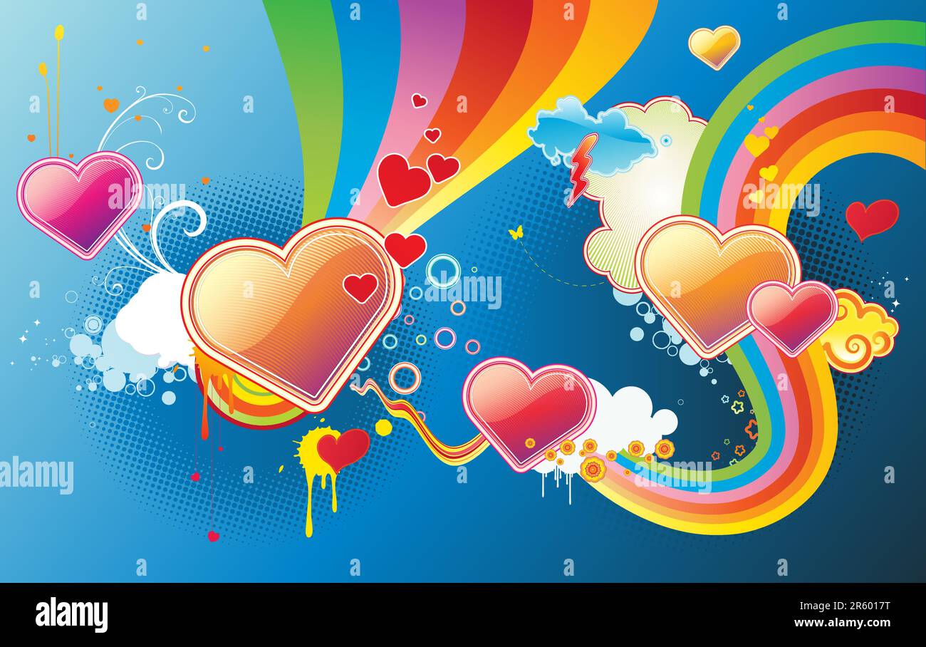 Vector illustration of funky styled design background made of heart shapes, rainbow shapes and floral elements Stock Vector
