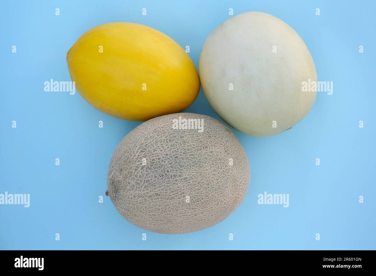 Three Melons Different tasty ripe melons on light blue background, flat lay Stock ...