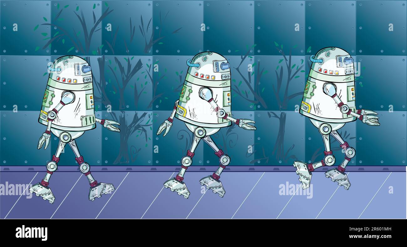 Robot movement in three stages on the futuristic background. Stock Vector