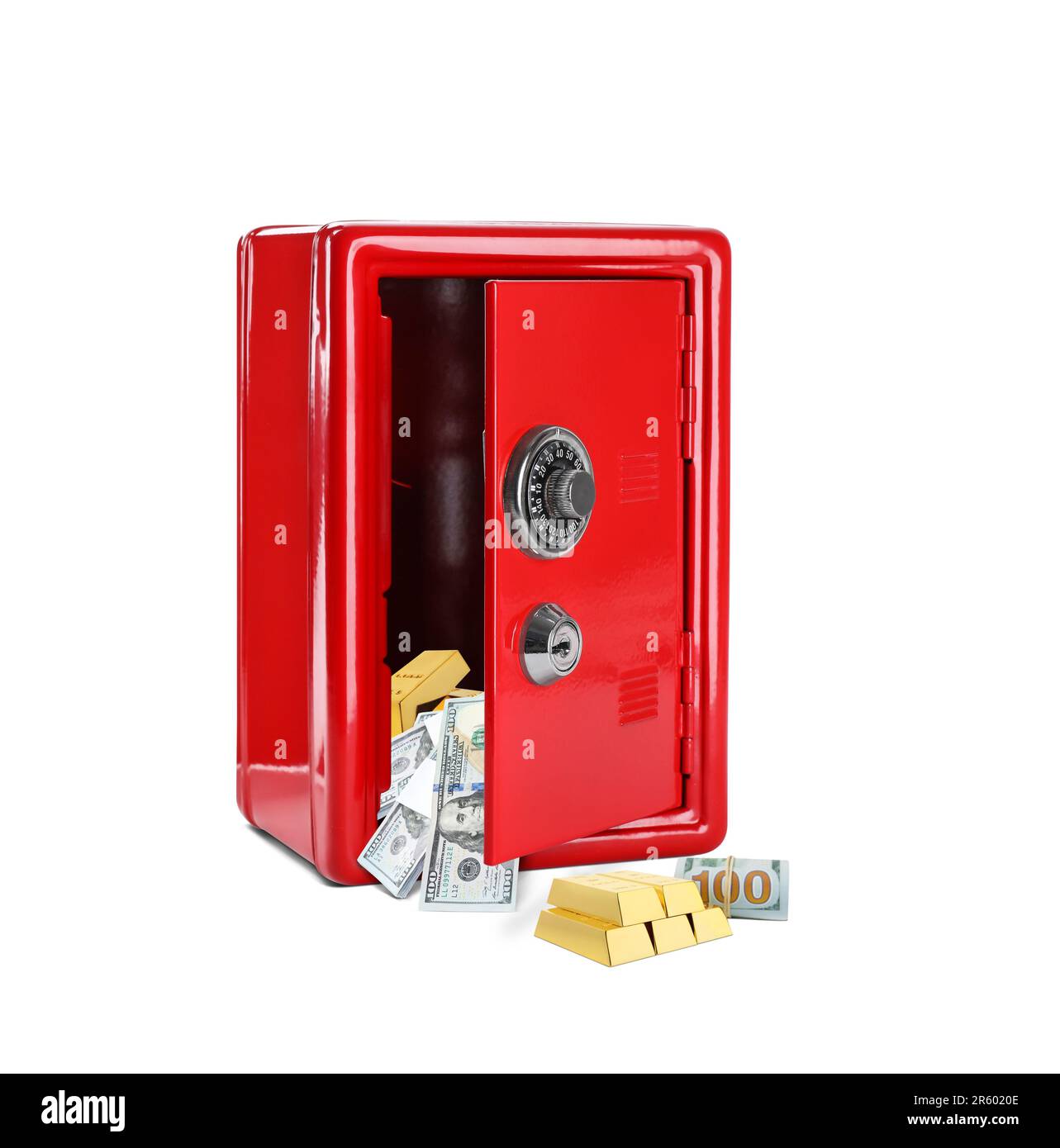 Open red steel safe with money and gold bars on white background Stock ...