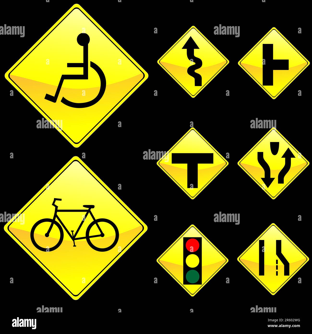 Vector Illustration of Eight Diamond Shape Yellow Road Signs Set 3 Stock Vector