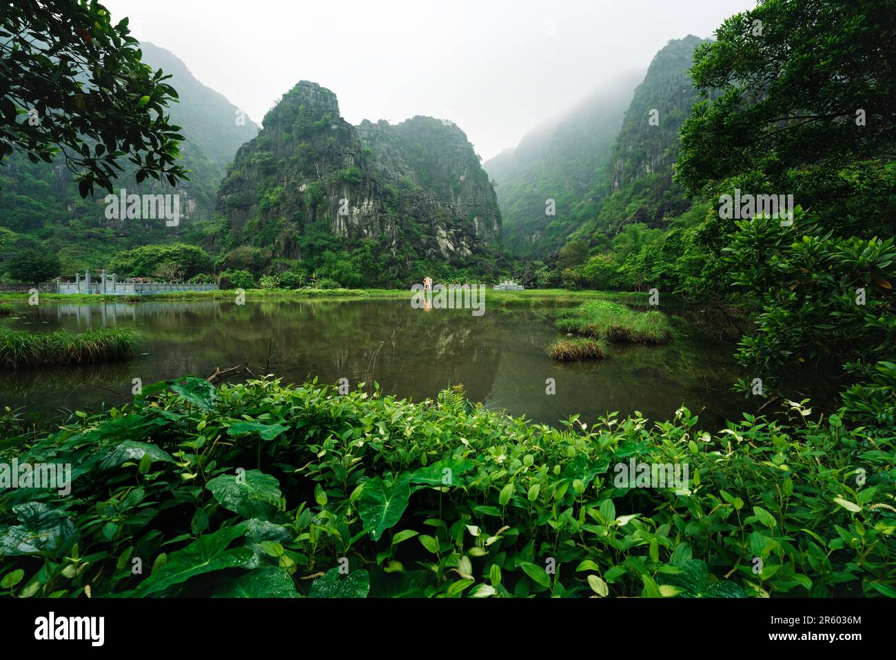 Graveyard settled between lush green limestone hills covered in fog at a lake, Ninh Binh, Vietnam Stock Photo