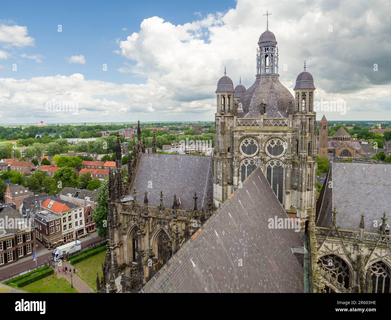 The view over the roof of St. John's Cathedral from the west tower in the Dutch city of Den Bosch, Netherlands, Europe. Stock Photo