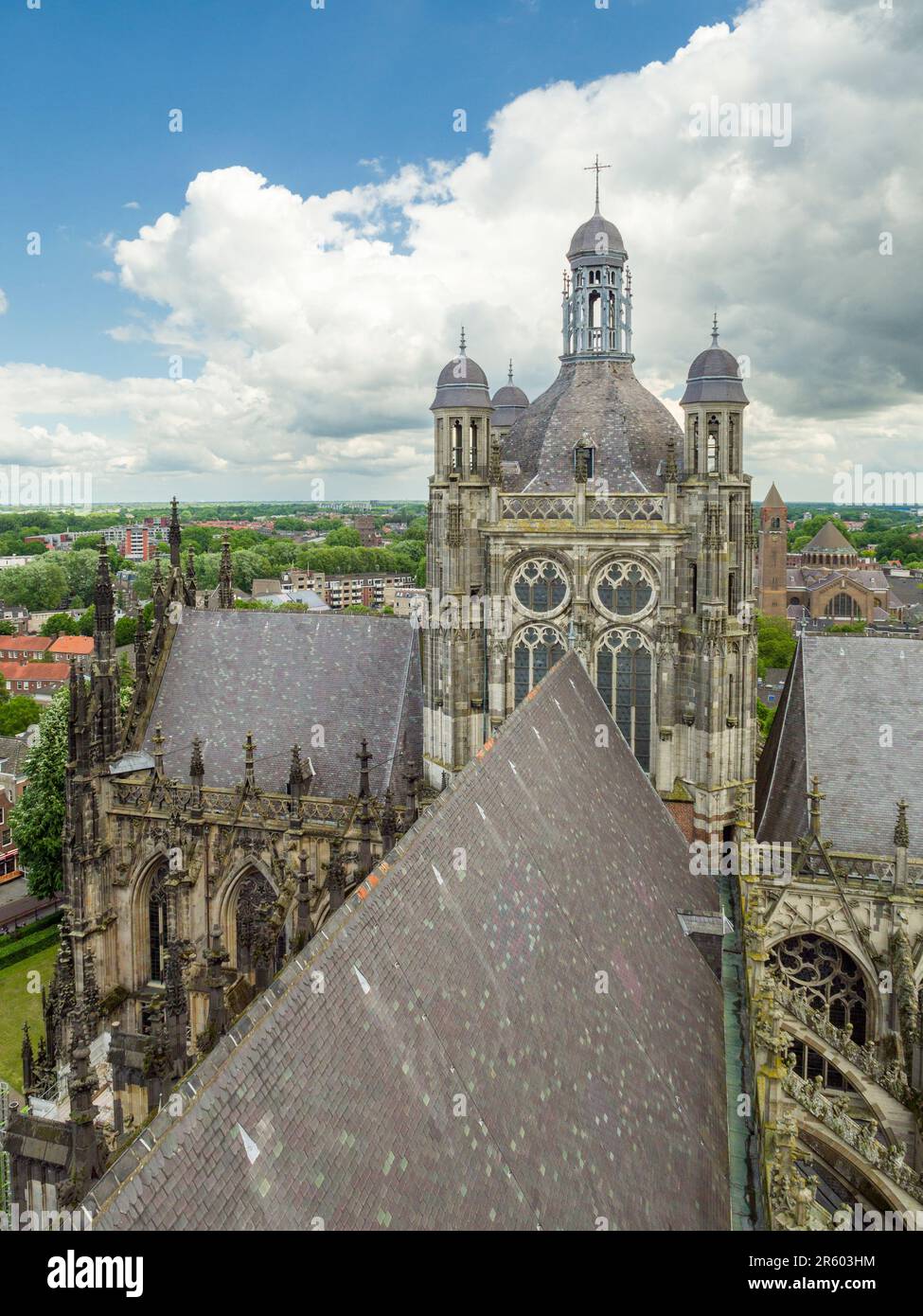 The view over the roof of St. John's Cathedral from the west tower in the Dutch city of Den Bosch, Netherlands, Europe. Stock Photo