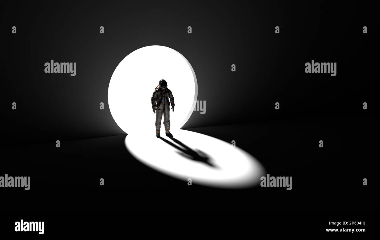Astronaut cosmonaut stands in circular passage in wall. Cosmic gateway to another dimension